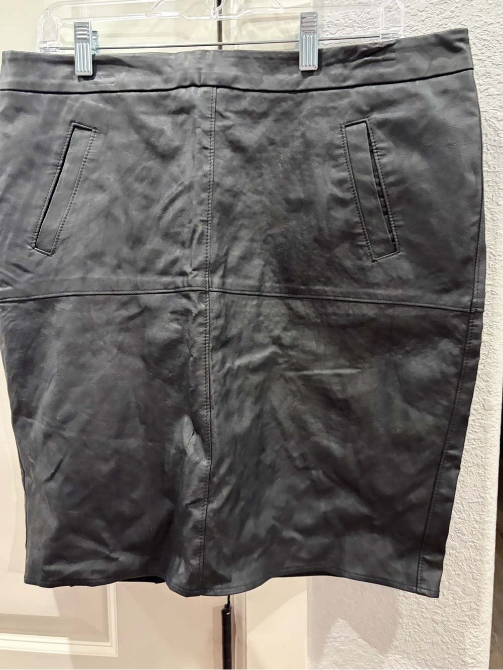 CAbi Black Faux Leather short Skirt with Welt Pockets